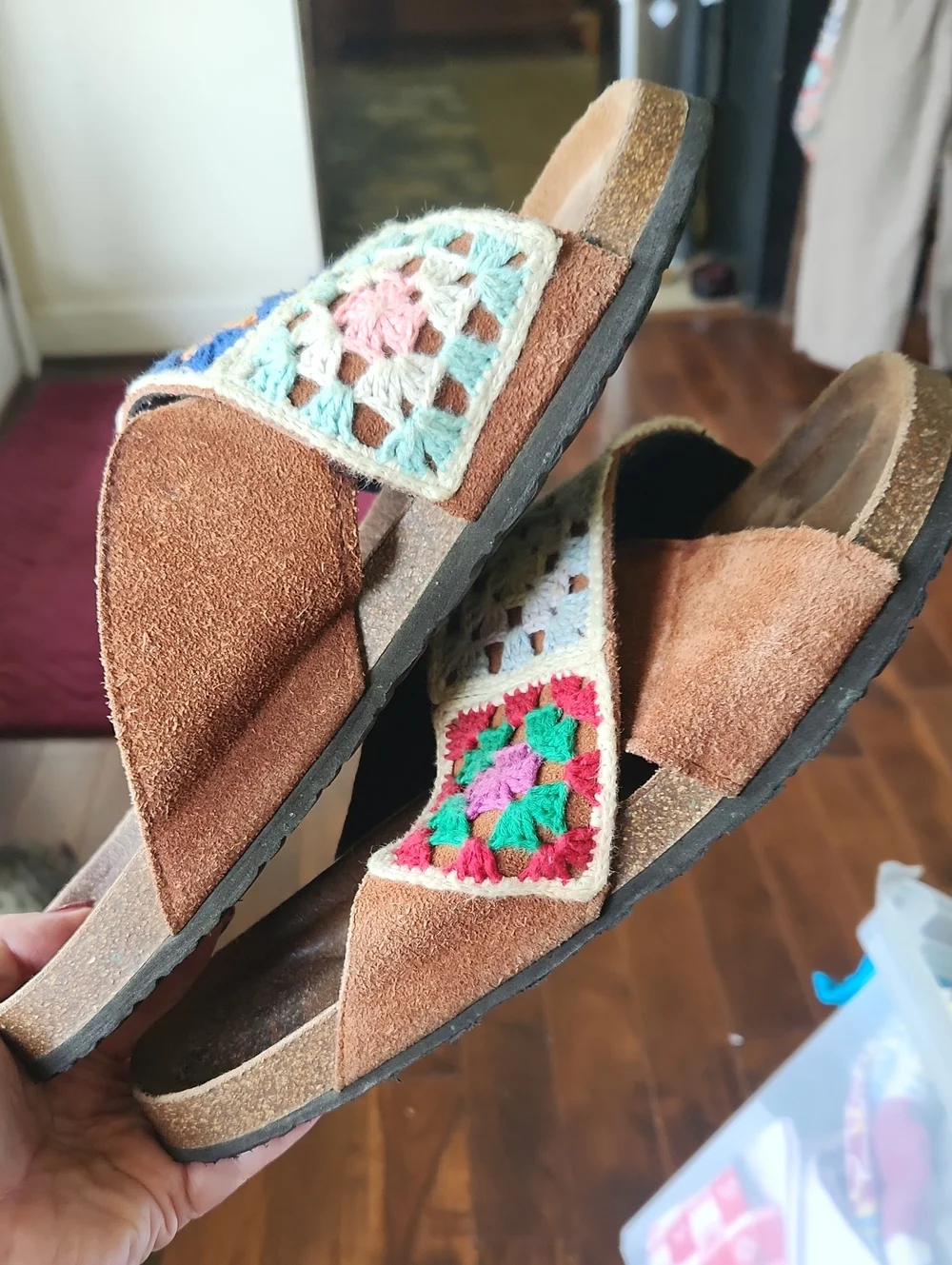 BOHO Muk Luks Crochet Granny Square Slides Size 12‎ Hippie Granola Girl